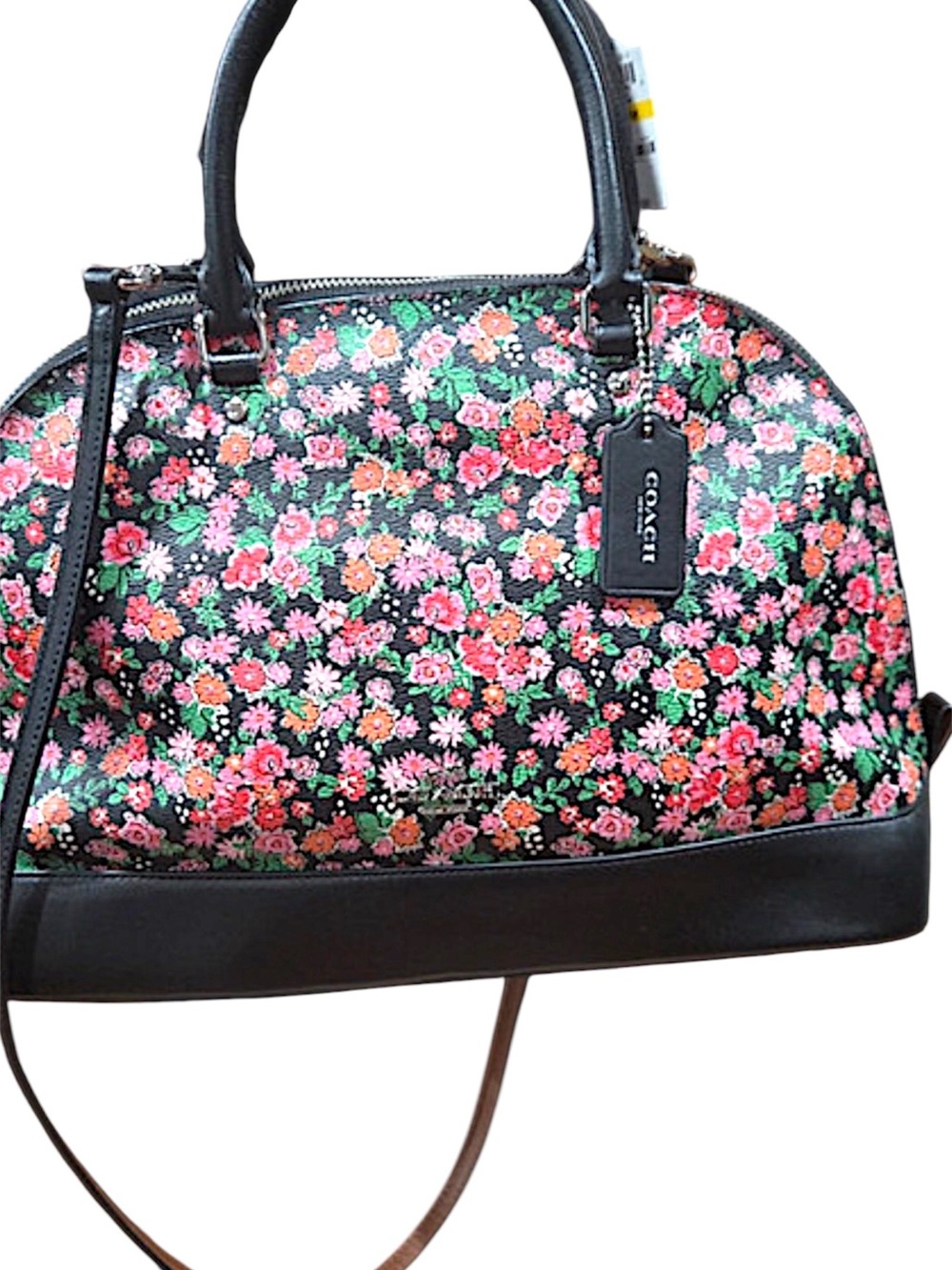 Coach Black Floral Dome Satchel with Pink & Green Flowers